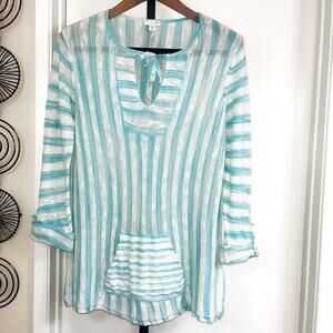 J Jill Womens Linen Blend Open Knit Tunic Sweater - Blue Stripe, Size M